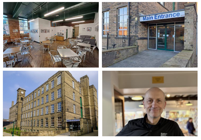 A four‑image collage showing views of the Bradford Industrial Museum. Top left: an indoor café with wooden floors, metal tables and chairs, framed pictures on the walls, and a service counter at the back. Top right: a brick exterior doorway marked “Main Entrance” in blue and white signage. Bottom left: the full exterior of a large multi‑storey stone mill building with tall windows and a matching “Main Entrance” sign above the door. Bottom right: a person indoors wearing a black shirt with a “Bradford Industrial Museum” logo.