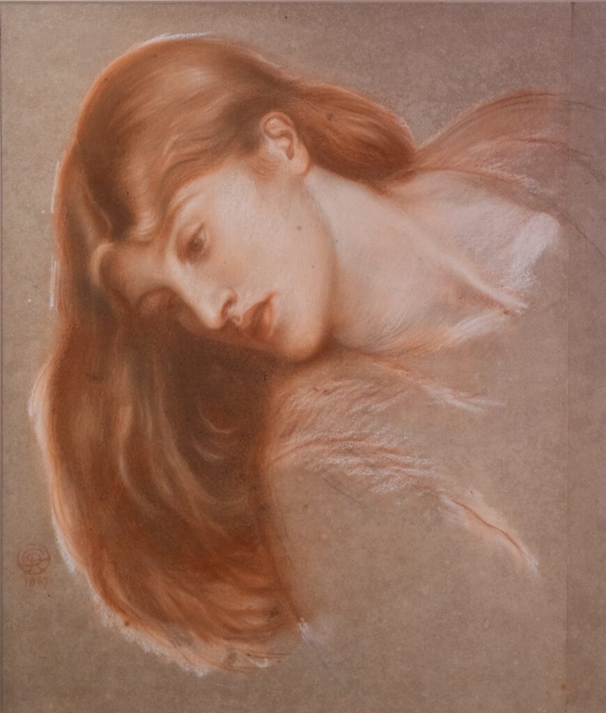A pastel head‑and‑shoulders study of a person looking downward, with long reddish‑brown hair falling over one shoulder. Soft shading models the face and hair against a muted brown background, giving the figure a contemplative appearance