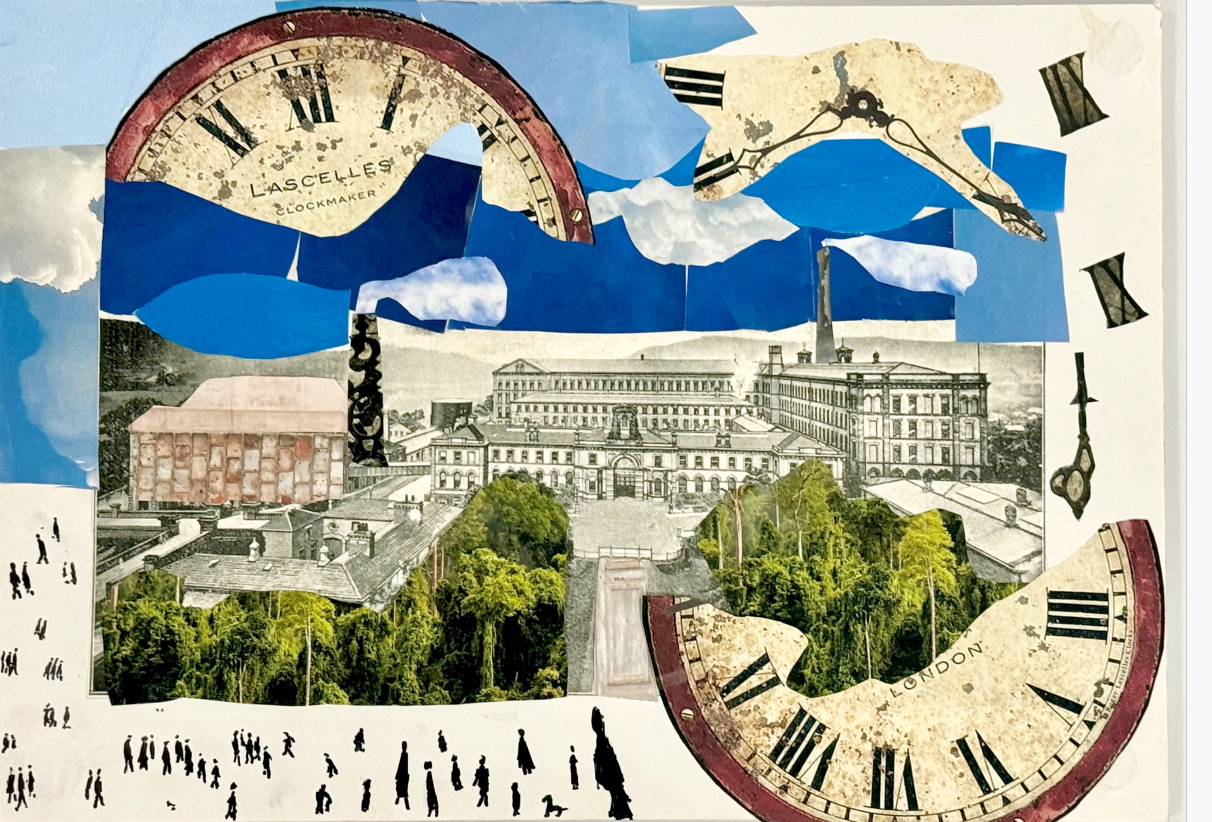 collage with images of mill buildings, clocks, lowry-style figures