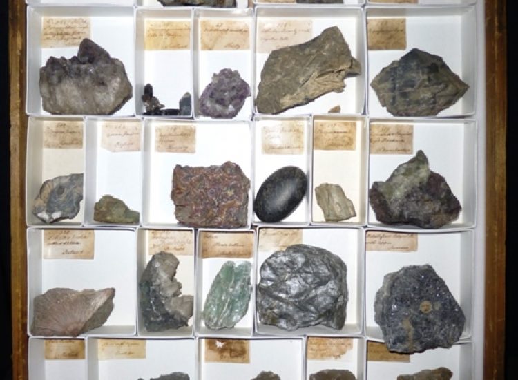 drawer of Joseph Dawson’s mineral collection, on display at Cliffe Castle Museum, Keighley.